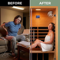 1 Person Extendable FAR Infrared Sauna for Home, Hemlock Wood Low EMF 6 Carbon Heaters Indoor Saunas with LED Lights, Bluetooth Speaker, Digital Control Panel, and Seating Bench — Before & After