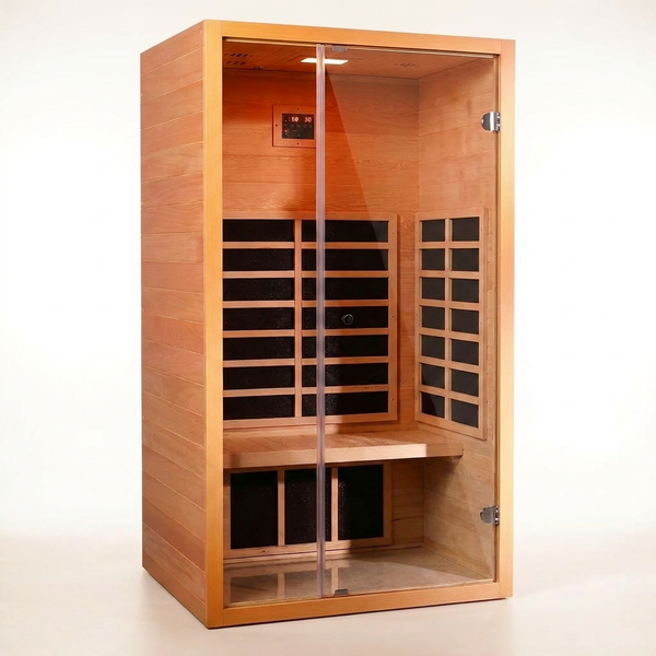 1 Person Extendable FAR Infrared Sauna for Home, Hemlock Wood Low EMF 6 Carbon Heaters Indoor Saunas with LED Lights, Bluetooth Speaker, Digital Control Panel, and Seating Bench — Studio Shot