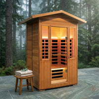 2 Person Outdoor Sauna Infrared Saunas Dry Sauna Room 120V Red Cedar and Canadian Hemlock Wood Wooden Sauna Spa 1800W APP Control 7 Color Light 48.8 * 37 * 87.4Inch — Studio Shot