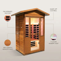 2 Person Outdoor Sauna Infrared Saunas Dry Sauna Room 120V Red Cedar and Canadian Hemlock Wood Wooden Sauna Spa 1800W APP Control 7 Color Light 48.8 * 37 * 87.4Inch — infographic