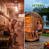 6-Person Patchworkred Cedar Traditional Steam Barrel Sauna — Before & After
