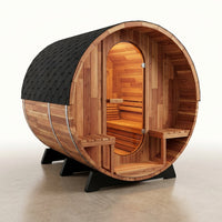 6-Person Patchworkred Cedar Traditional Steam Barrel Sauna — Studio Shot
