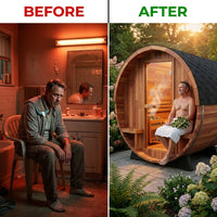 Traditional Steam Barrel Sauna Built for Wellness, 6-Person Capacity, Red Cedar Construction, 1800mm Diameter — Before & After