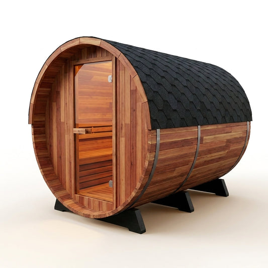 Traditional Steam Barrel Sauna Built for Wellness, 6-Person Capacity, Red Cedar Construction, 1800mm Diameter — Studio Shot