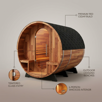 Traditional Steam Barrel Sauna Built for Wellness, 6-Person Capacity, Red Cedar Construction, 1800mm Diameter — infographic