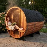 Traditional Steam Barrel Sauna Built for Wellness, 6-Person Capacity, Red Cedar Construction, 1800mm Diameter — Lifestyle